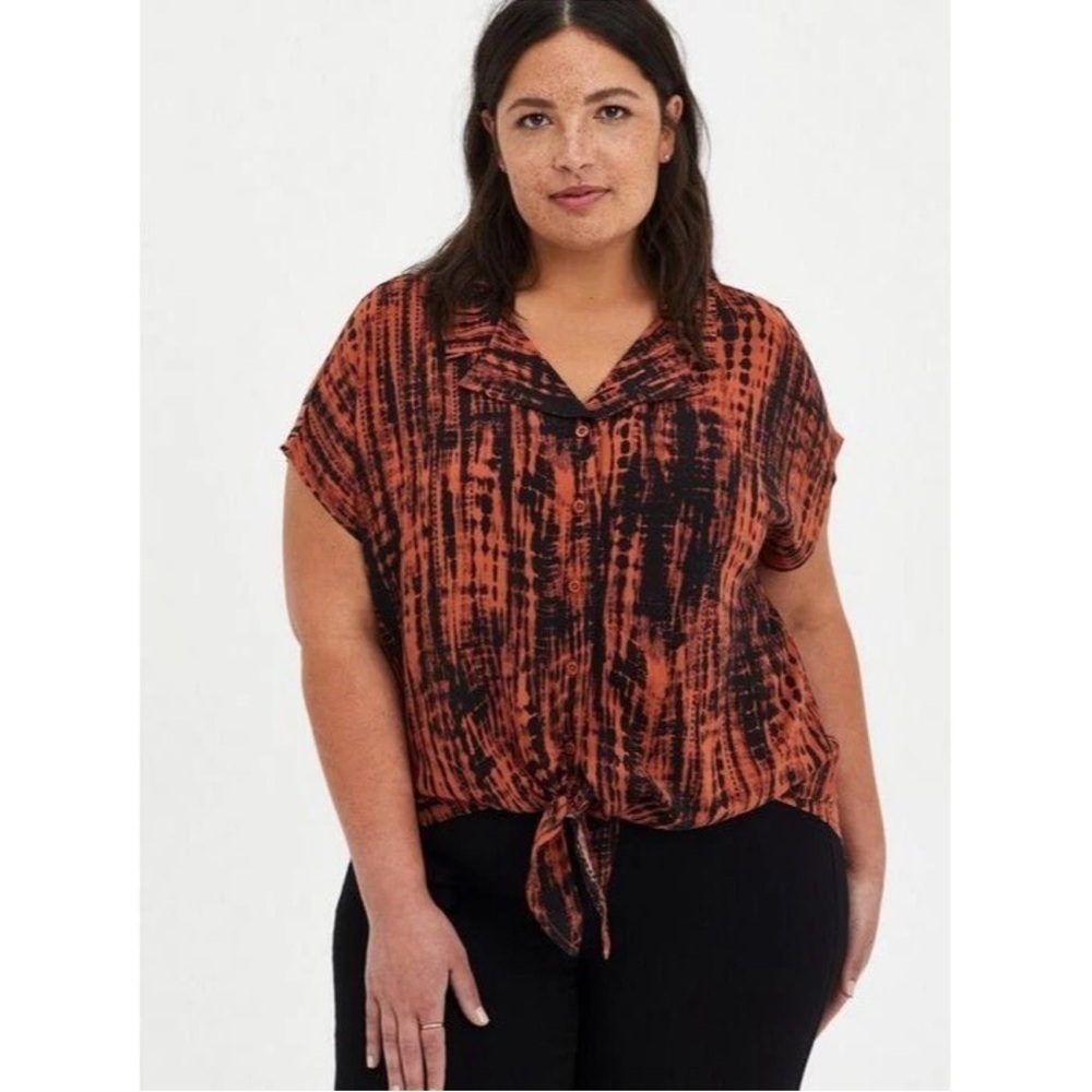 Torrid Challis Tie Front Dolman Top Womens SZ 2 Orange Black Shibori Tie Dye